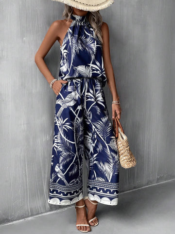 EMERY ROSE Tropical Print Halter Top & Wide Leg Pants
