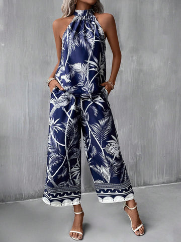 EMERY ROSE Tropical Print Halter Top & Wide Leg Pants
