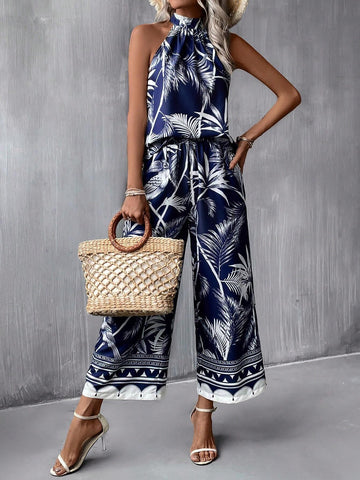 EMERY ROSE Tropical Print Halter Top & Wide Leg Pants