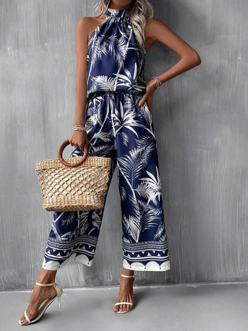 EMERY ROSE Tropical Print Halter Top & Wide Leg Pants