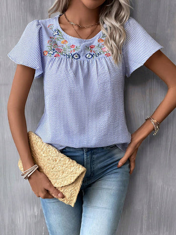 Floral Embroidery Butterfly Sleeve Blouse