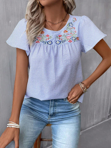Floral Embroidery Butterfly Sleeve Blouse