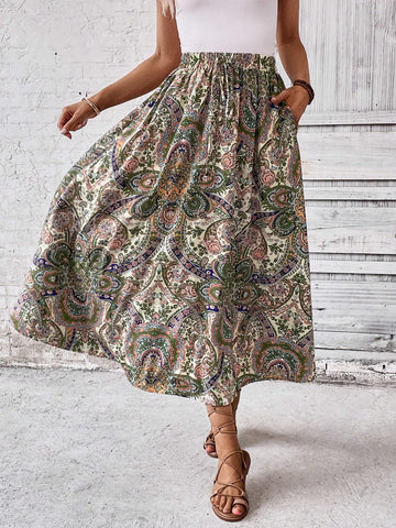 EMERY ROSE Paisley Print Slant Pocket Skirt