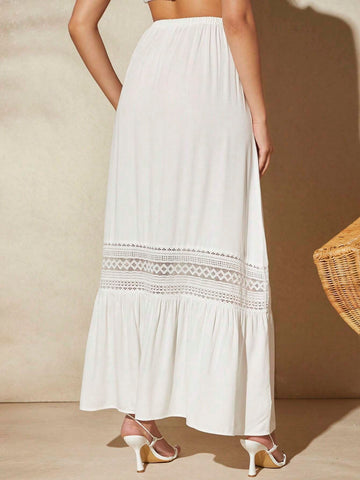 VCAY Guipure Lace Insert Ruffle Hem Skirt