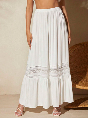 VCAY Guipure Lace Insert Ruffle Hem Skirt