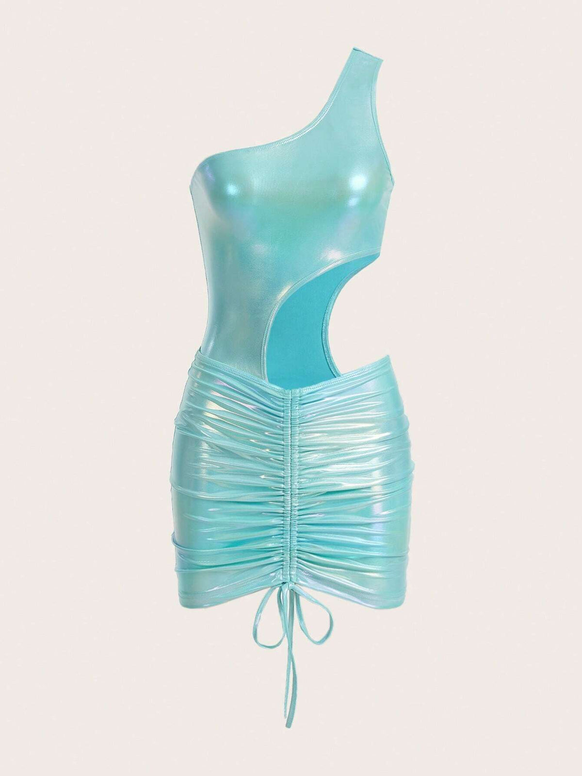 Metallic Cut Out One Shoulder Bodysuit & Drawstring Bodycon Skirt