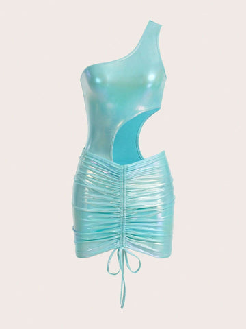 Metallic Cut Out One Shoulder Bodysuit & Drawstring Bodycon Skirt