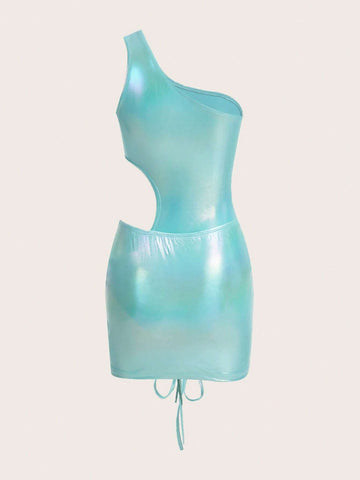 Metallic Cut Out One Shoulder Bodysuit & Drawstring Bodycon Skirt