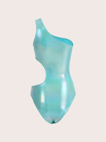 Metallic Cut Out One Shoulder Bodysuit & Drawstring Bodycon Skirt