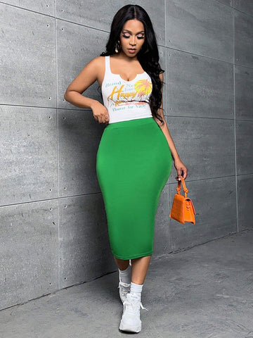 Letter Graphic Crop Tank Top & Pencil Skirt