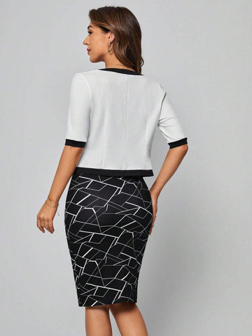 EMERY ROSE Geo Print Cami Dress & Contrast Binding Open Front Jacket
