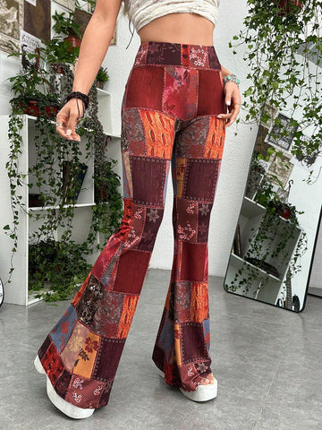 ROMWE PUNK Grunge Patchwork Print Flare Leg Pants