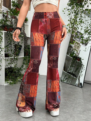 ROMWE PUNK Grunge Patchwork Print Flare Leg Pants