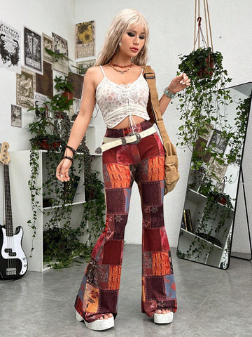 ROMWE PUNK Grunge Patchwork Print Flare Leg Pants