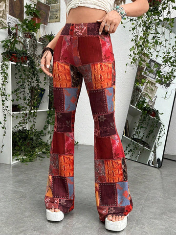 ROMWE PUNK Grunge Patchwork Print Flare Leg Pants