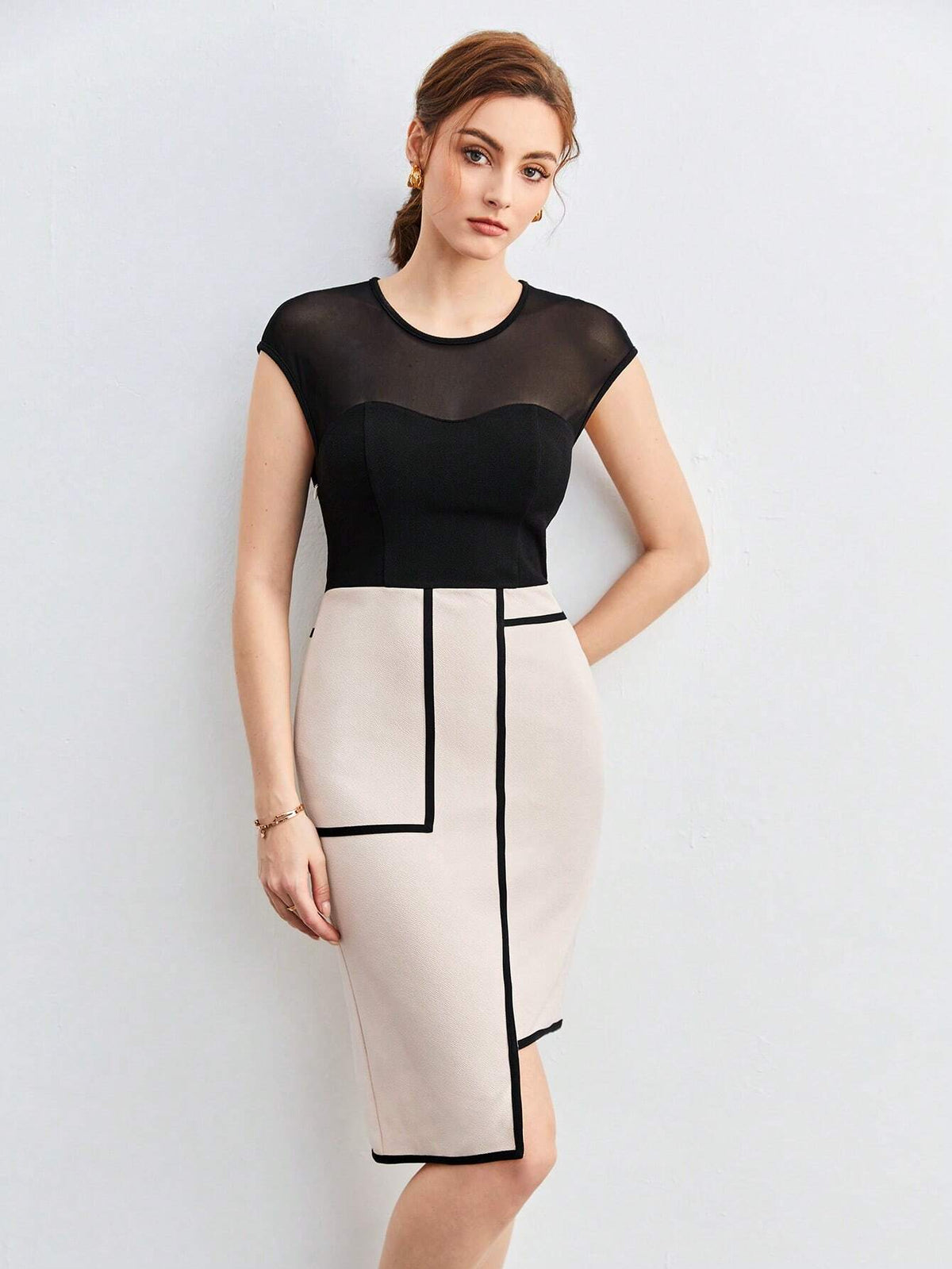 Contrast Mesh Insert Asymmetrical Hem Dress
