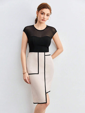 Contrast Mesh Insert Asymmetrical Hem Dress