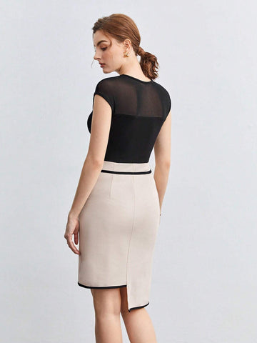Contrast Mesh Insert Asymmetrical Hem Dress