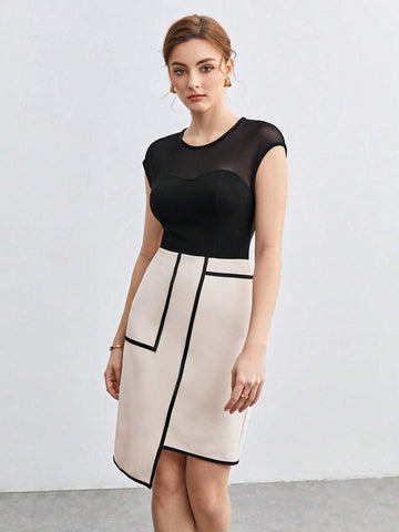 Contrast Mesh Insert Asymmetrical Hem Dress