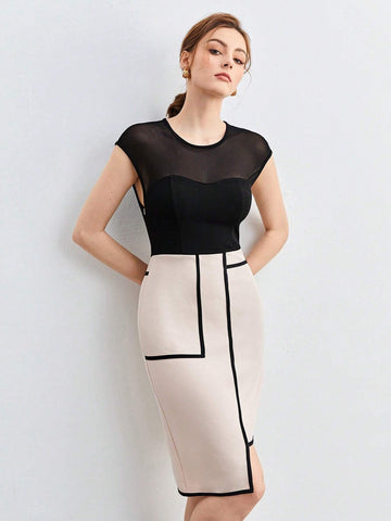 Contrast Mesh Insert Asymmetrical Hem Dress