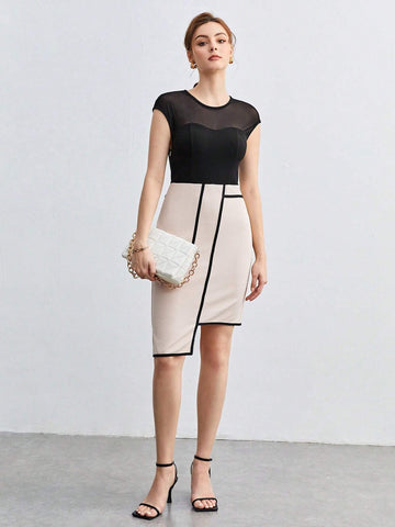 Contrast Mesh Insert Asymmetrical Hem Dress