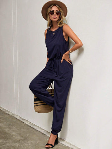 EMERY ROSE Solid Tie Waist Jumpsuit