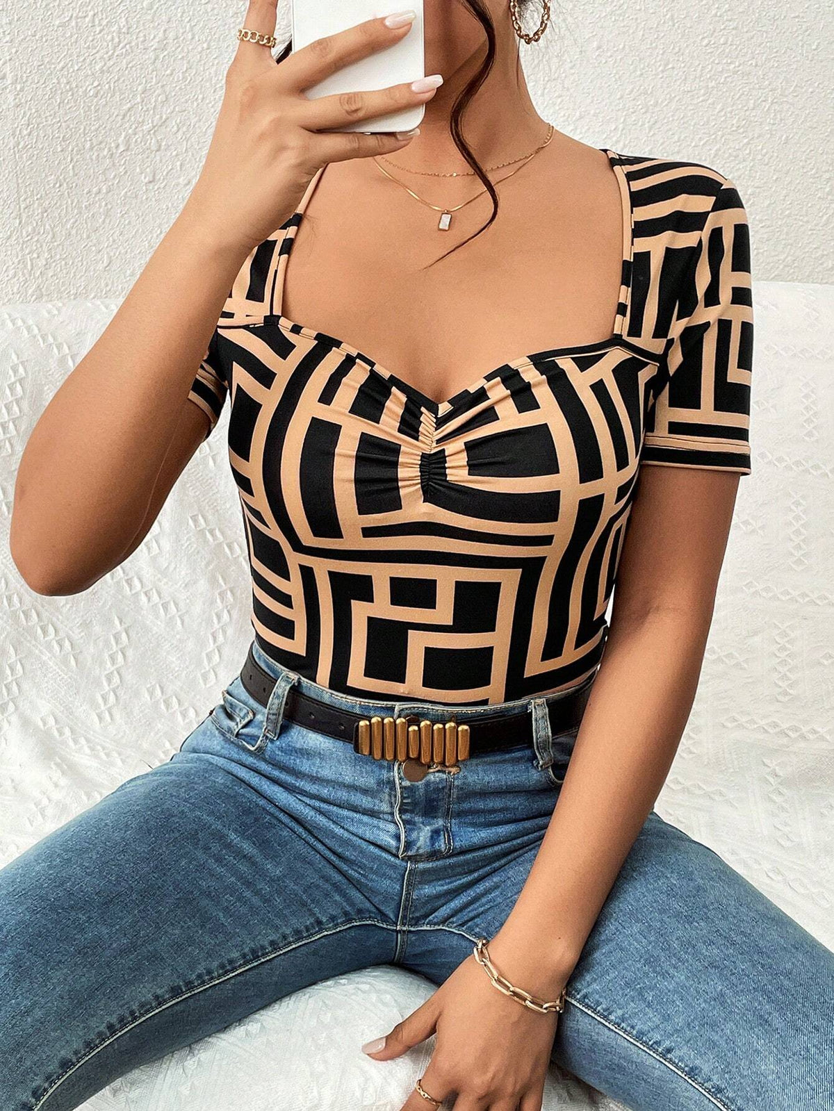 Unity Geo Print Sweetheart Neck Ruched Bust Tee