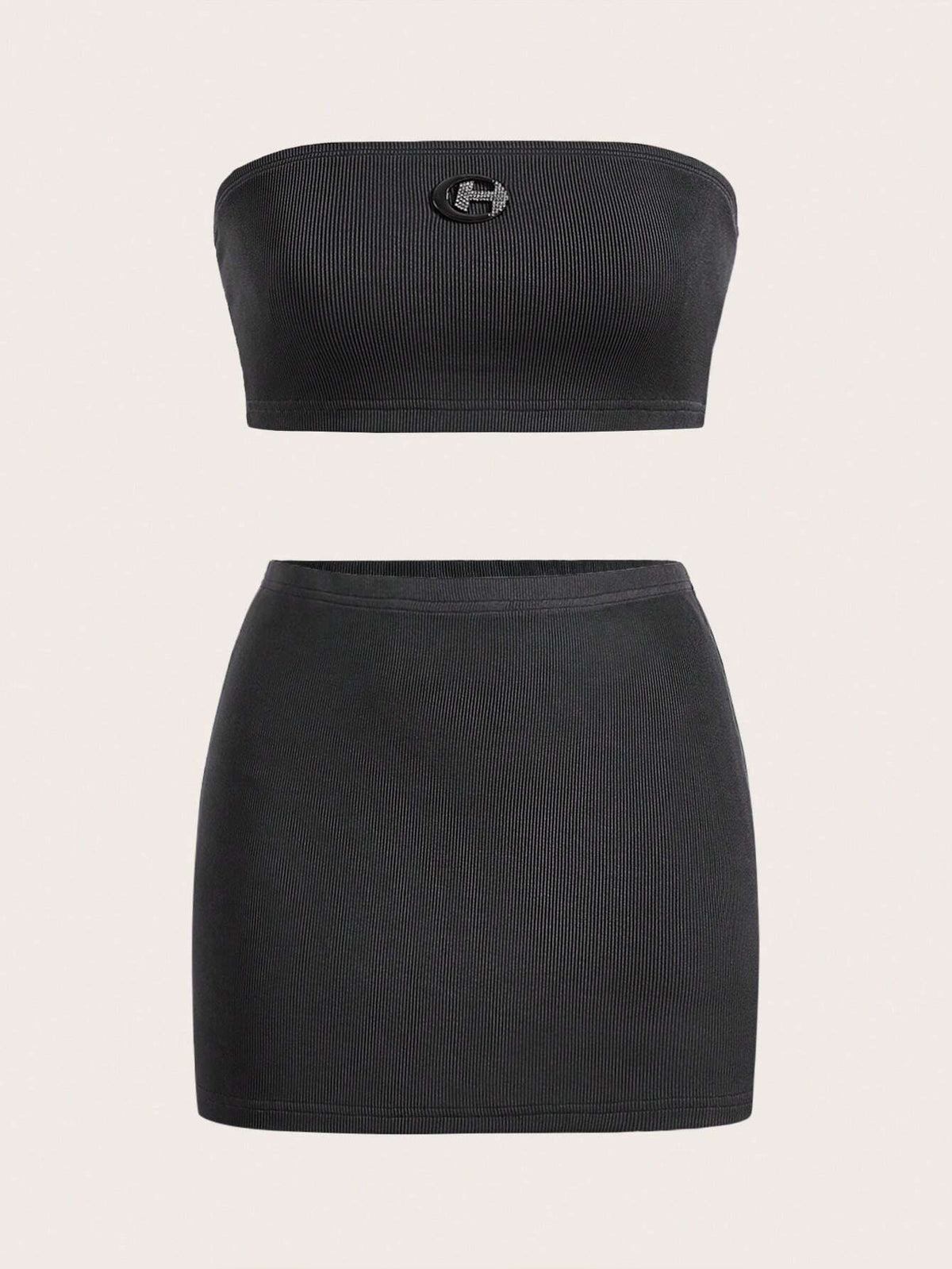 Rhinestone Patched Detail Tube Top & Bodycon Skirt