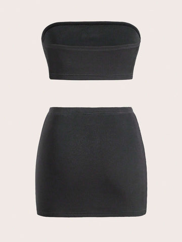 Rhinestone Patched Detail Tube Top & Bodycon Skirt