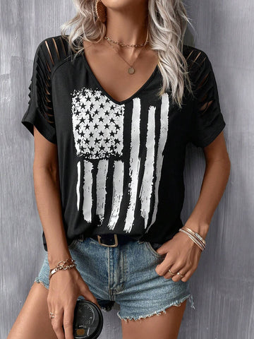 EMERY ROSE Flag Print Ripped Raglan Sleeve Tee