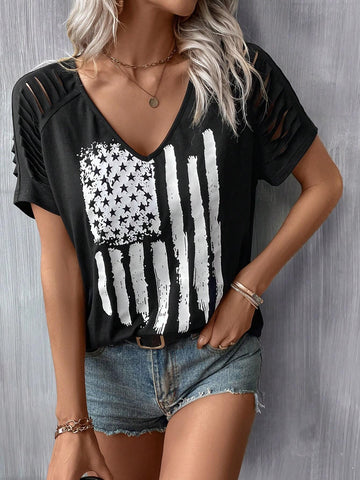 EMERY ROSE Flag Print Ripped Raglan Sleeve Tee