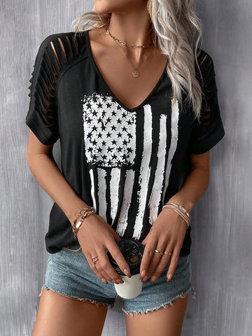 EMERY ROSE Flag Print Ripped Raglan Sleeve Tee