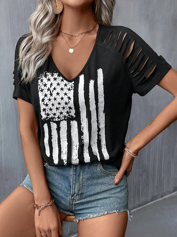 EMERY ROSE Flag Print Ripped Raglan Sleeve Tee