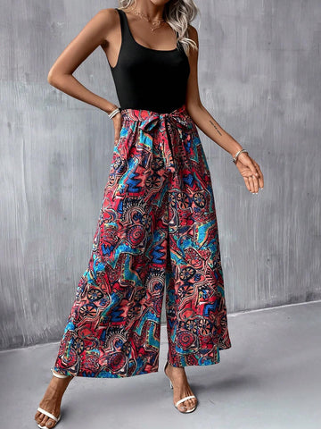 EMERY ROSE Graphic Print Belted Wide Leg Jumpsuit