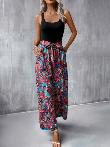 EMERY ROSE Graphic Print Belted Wide Leg Jumpsuit