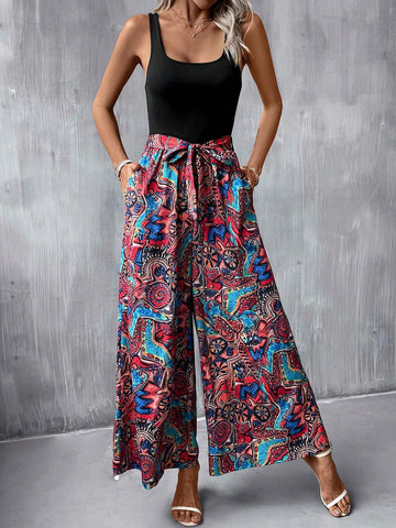 EMERY ROSE Graphic Print Belted Wide Leg Jumpsuit
