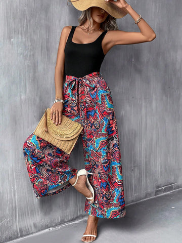 EMERY ROSE Graphic Print Belted Wide Leg Jumpsuit