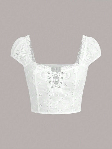 Eyelet Embroidery Lace Up Front Crop Blouse