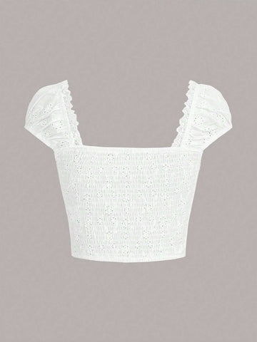 Eyelet Embroidery Lace Up Front Crop Blouse