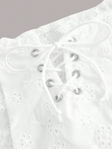 Eyelet Embroidery Lace Up Front Crop Blouse