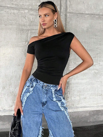 SXY Asymmetrical Neck Ruched Tee
