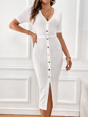 Button Front Belted Bodycon Dress