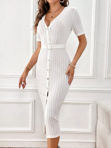 Button Front Belted Bodycon Dress