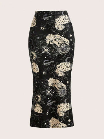 EZwear Sun & Moon Print Pencil Skirt