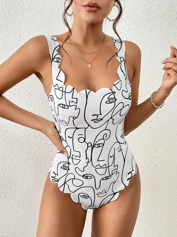 Figure Graphic Scallop Trim Tank Bodysuit