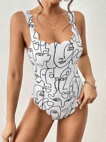 Figure Graphic Scallop Trim Tank Bodysuit