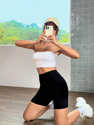 EZwear Wide Waistband Biker Shorts With Phone Pocket