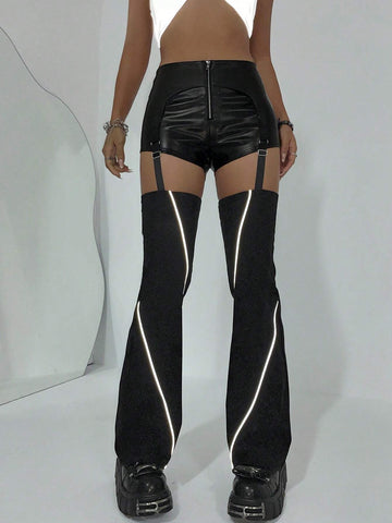 ICON Contrast Tape Cut Out PU Leather Flare Leg Pants
