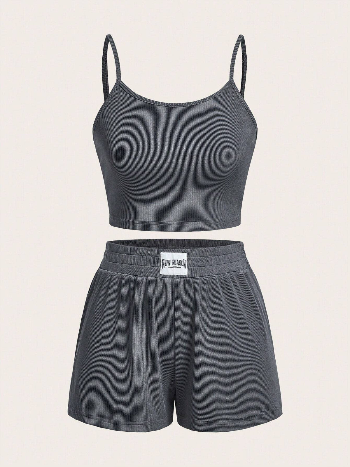 Solid Cami Top & Letter Patched Detail Shorts