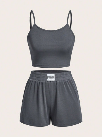 Solid Cami Top & Letter Patched Detail Shorts